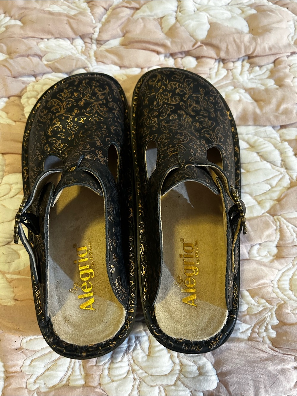Alegria Black & Gold Paisley Clogs